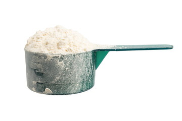 Canvas Print - Whey protein powder in a plastic measuring spoon, isolated on transparent background