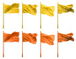 2 Collection set of yellow orange mustard, waving flying blank flag flags on pole on transparent background cutout, PNG file. Many different design. Mockup template artwork graphic