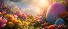  A Painting Of An Easter Scene With Eggs In The Grass And Flowers In The Foreground, And A Mountain Range In The Background, With Clouds And Sun Shining In The Sky.