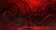  A Little Girl Standing In Front Of A Giant Red Octopus In A Dark Room With Red Light Coming From The Ceiling And A Giant Octopus Crawling Over Her Head In The Water.