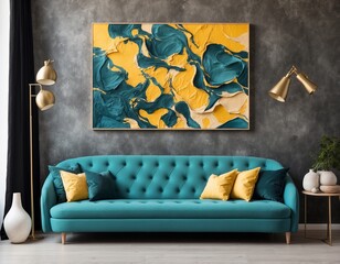 Loft home interior design of modern living room. Dark turquoise tufted sofa with virant yellow pillows against beige stucco wall with abstract art poster frame