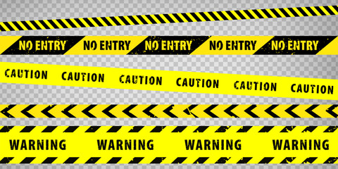 Wall Mural - Black and yellow police stripe border, construction, danger, warning, no entry, caution tapes set. Set of danger caution grunge tapes.  Warning signs for your  design on transparent background. EPS10