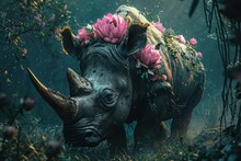  A Rhinoceros With Pink Flowers On Its Head In A Green Area With Trees And Flowers On Its Head And In The Background, There Is A Pink Flower Crown On Its Head.