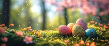  A Group Of Painted Easter Eggs Sitting On Top Of A Lush Green Grass Covered Field Next To A Forest Filled With Pink And Yellow Flowers On A Sunny Spring Day.
