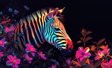  A Close Up Of A Zebra In A Field Of Flowers With Butterflies On The Side Of The Zebra's Head And A Black Background Of Pink And Yellow And Purple Flowers.