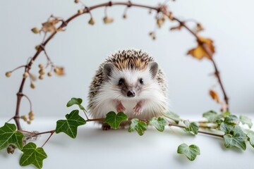 Wall Mural - Very cute African Pygmy hedgehog on white background with ivy plant