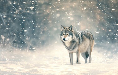 Wall Mural -  a wolf standing in the middle of a snow covered field with trees in the background and a dusting of snow on the ground and trees in the foreground.