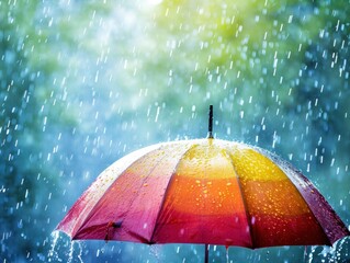 Poster -  a colorful umbrella in the rain on a rainy day with green trees in the backgrouund and blue sky in the backgrouund and green leaves in the backgrouund.