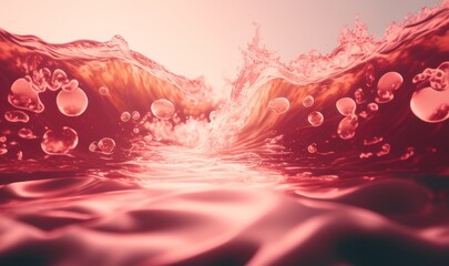 Canvas Print -  a group of bubbles floating on top of a body of water in front of a blue sky with a pink sky in the background and a pink hued background.