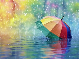 Poster -  a multicolored umbrella sitting in the middle of a body of water on a rainy day with rain falling down on the trees and colorful foliage in the background.