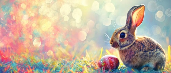  a painting of a rabbit sitting in the grass with an easter egg in front of it and a blurry boke of light in the back ground behind it.