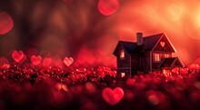  A Small House Sitting In The Middle Of A Field Of Heart - Shaped Boke Of Red Flowers With A Red Sky And Boke Of Red Lights In The Background.