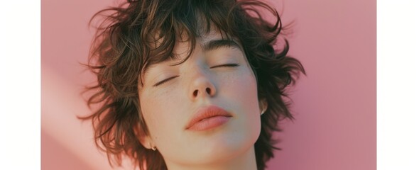 Wall Mural -  a close up of a woman's face with her eyes closed and her head tilted to the side with her eyes closed, with her eyes closed and her eyes closed.