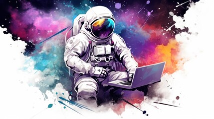 Colorful watercolor artwork of an astronaut seated with a laptop against an aquarelle nebula backdrop. Concept of technology in space, astronautics, digital art, cosmic exploration.