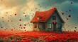  a painting of a house in a field of red flowers with hearts flying in the air over the top of the house and in the foreground is a cloudy sky.