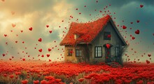  A Painting Of A House In A Field Of Red Flowers With Hearts Flying In The Air Over The Top Of The House And In The Foreground Is A Cloudy Sky.
