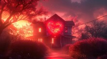  A Painting Of A House With A Heart On The Front Of It And A Fire Hydrant In The Middle Of The Front Of The House In The Middle Of The Night.