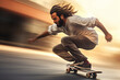 Skater. A dynamic blur captures a skateboarder mid-jump, the energy of lost youth and freedom echoing in every line and shadow