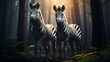 Two zebras in the dark forest.