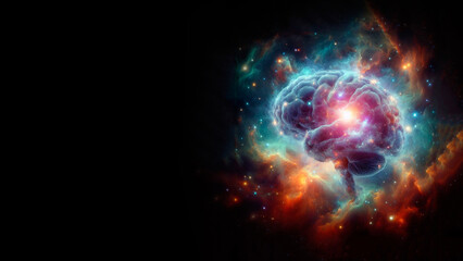 Abstract brain in space. Concept of intelligence and creativity. The fusion of human thought with the infinite universe.