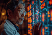 Adult Asian Man Working With Futuristic Screen Interface