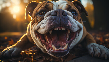 Canvas Print - Cute bulldog puppy playing outdoors in the grass generated by AI