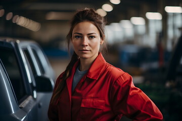 caucasian worker woman portrait in a car factory