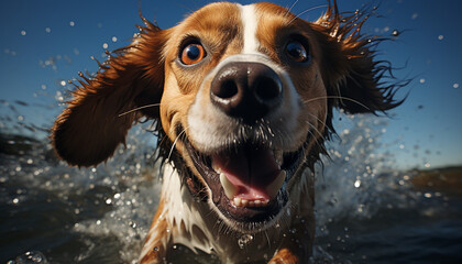 Sticker - Cute puppy playing in water, wet and happy generated by AI