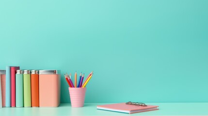 Sticker -  a cup of pencils, a notebook, and a pen on a desk against a teal colored wall.