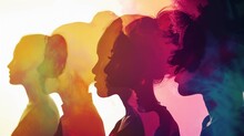 Diversity Women Profile Silhouette Illustration. Abstract Background Of Powerful Diverse Woman Social Network, Community, Communication And Exchanging Business Ideas And Knowledge.