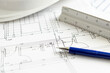 © Formatoriginal - Close up of an Architecture plan, mechanical pencil and technical ruler. Selective focus