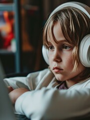 Canvas Print - A young boy wearing headphones while using a laptop. Generative AI.