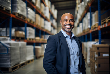 Wall Mural - A smiling black man standing in a warehouse