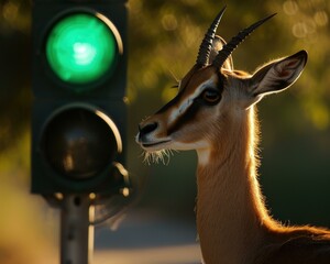 Sticker - A gazelle standing next to a traffic light. Generative AI.