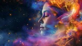 Fototapeta  - beautiful fantasy abstract portrait of a beautiful woman double exposure with a colorful digital paint splash or space nebula