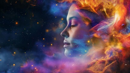 Wall Mural - beautiful fantasy abstract portrait of a beautiful woman double exposure with a colorful digital paint splash or space nebula