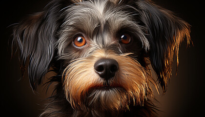 Wall Mural - Cute puppy looking at camera, black background generated by AI