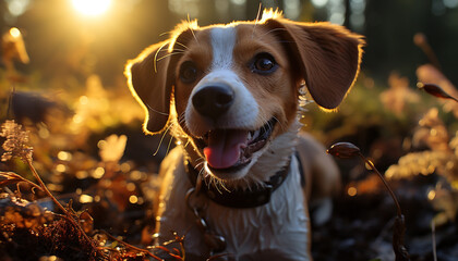 Canvas Print - Cute puppy sitting in grass, looking at camera generated by AI