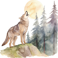 Poster - Wolf howling watercolor created with Generative AI technology