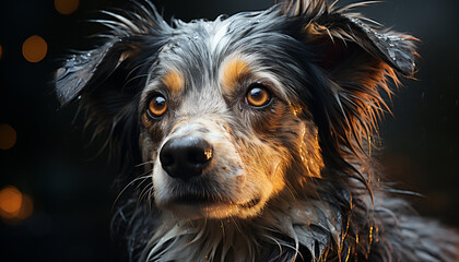 Canvas Print - Cute puppy looking at camera, wet fur generated by AI