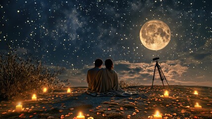 Wall Mural - young couple looking out to romantic night sky in valentines day pragma