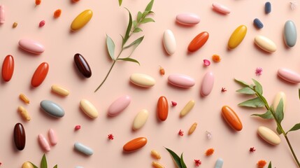 Sticker -  a close up of a bunch of pills on a pink surface with a plant in the middle of the image.