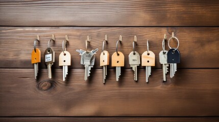 Poster -  a bunch of keys that are hanging on a hook on a wooden wall with a wooden wall in the background.