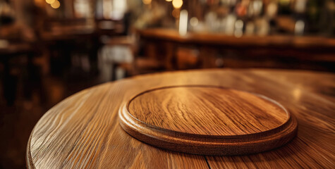 Wall Mural - Empty round wooden board on table . Kitchen interior mock up for design and product display. Ready for display, Banner, for product montage