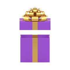 Wall Mural - Violet squared gift box open pack with luxury golden bow ribbon 3d icon realistic vector