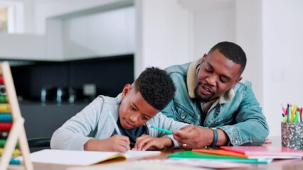 Poster - Homework, help and father and son in kitchen with books for studying, learning or teaching at home together. Education, child development and black family in house for writing, project or math lesson