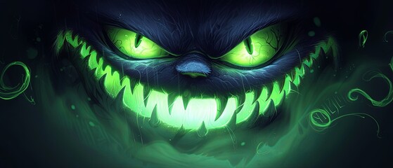 Wall Mural - glowing large green eyes, big grin with sharp white teeth, evil smile