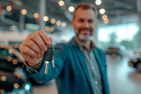 Fototapeta  - man holding vehicle key on a blurred background with a new car