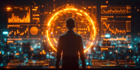Poster - Man in Contemplation Facing a Luminous Digital Interface Overlaying the Cityscape, Symbolizing the Intersection of Urban Life and Technology, Generative AI