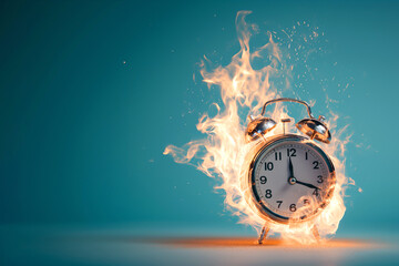 Burning alarm clock. Time out or deadline pressure concept. Clock on fire, symbol of hot sale, discounts, shopping time, countdown. Oversleep, waste of time, insomnia. Time is ending, running out.